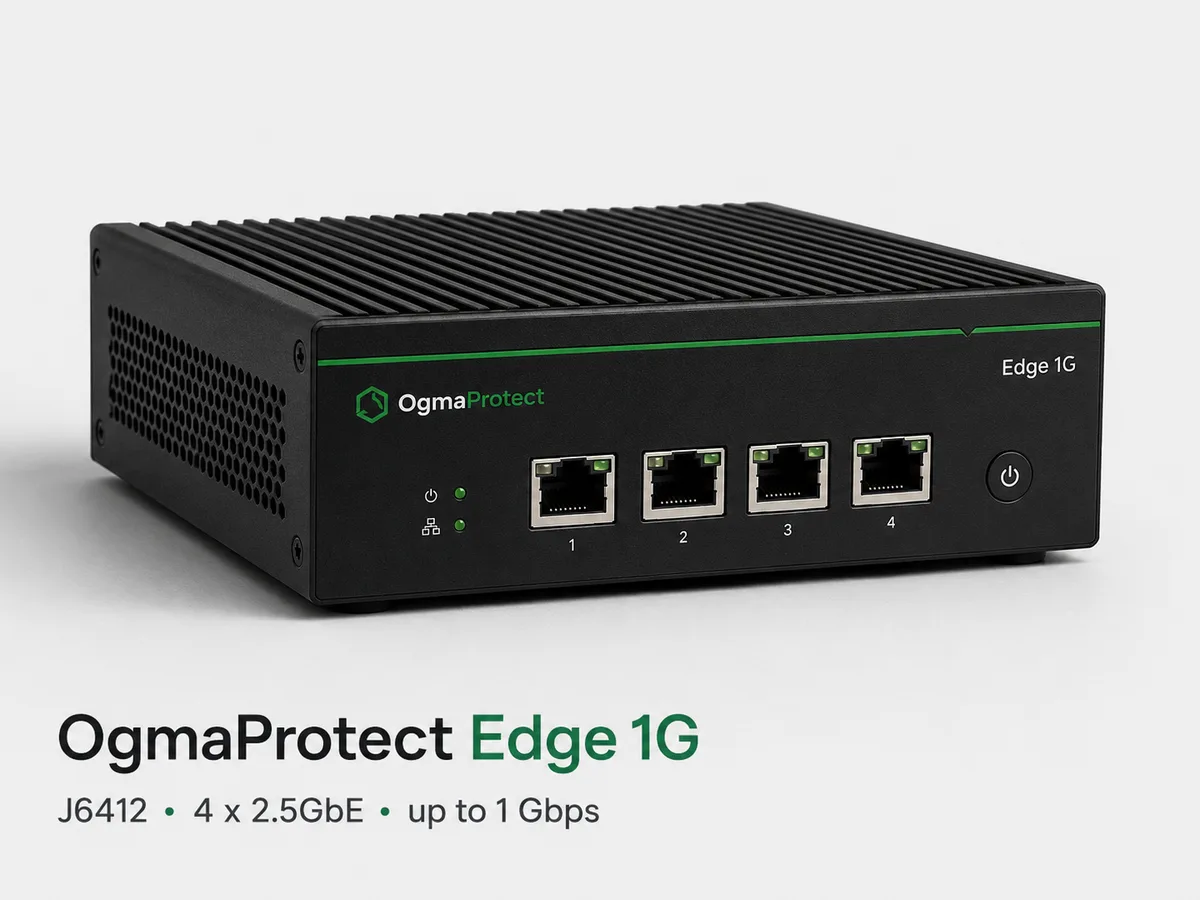 OgmaProtect Edge 1G appliance — a black fanless desktop unit with four 2.5GbE ports