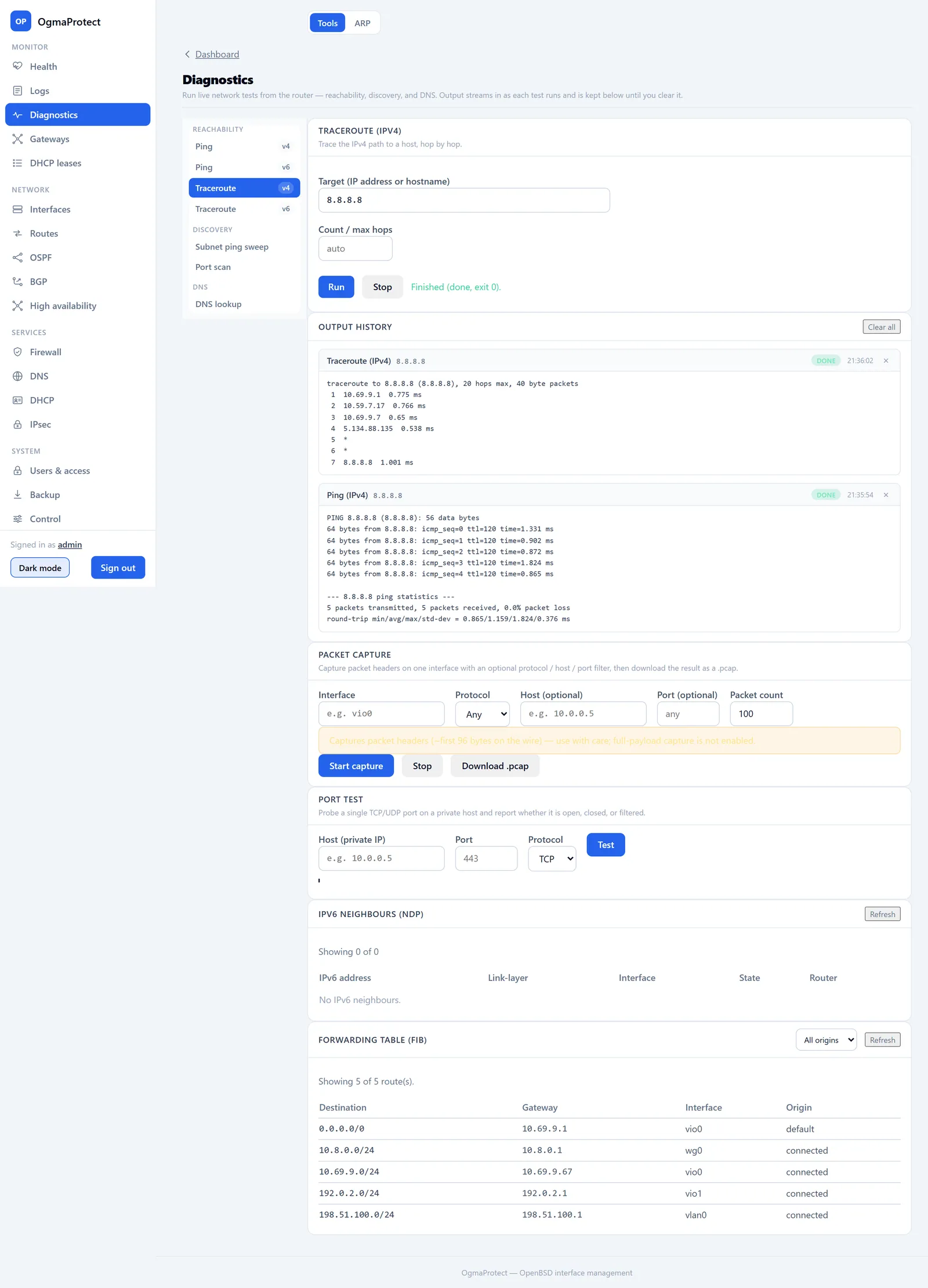 The diagnostics page with tools for packet capture, subnet ping sweeps, port checks and reachability tests, plus a history of previous runs.