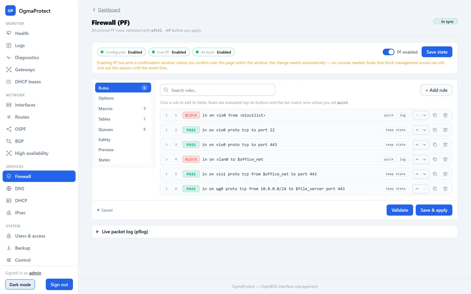 The firewall rule editor showing structured PF rules with block/pass actions, macros, a blocklist table, and keep-state flags, plus a commit-confirmed apply banner.