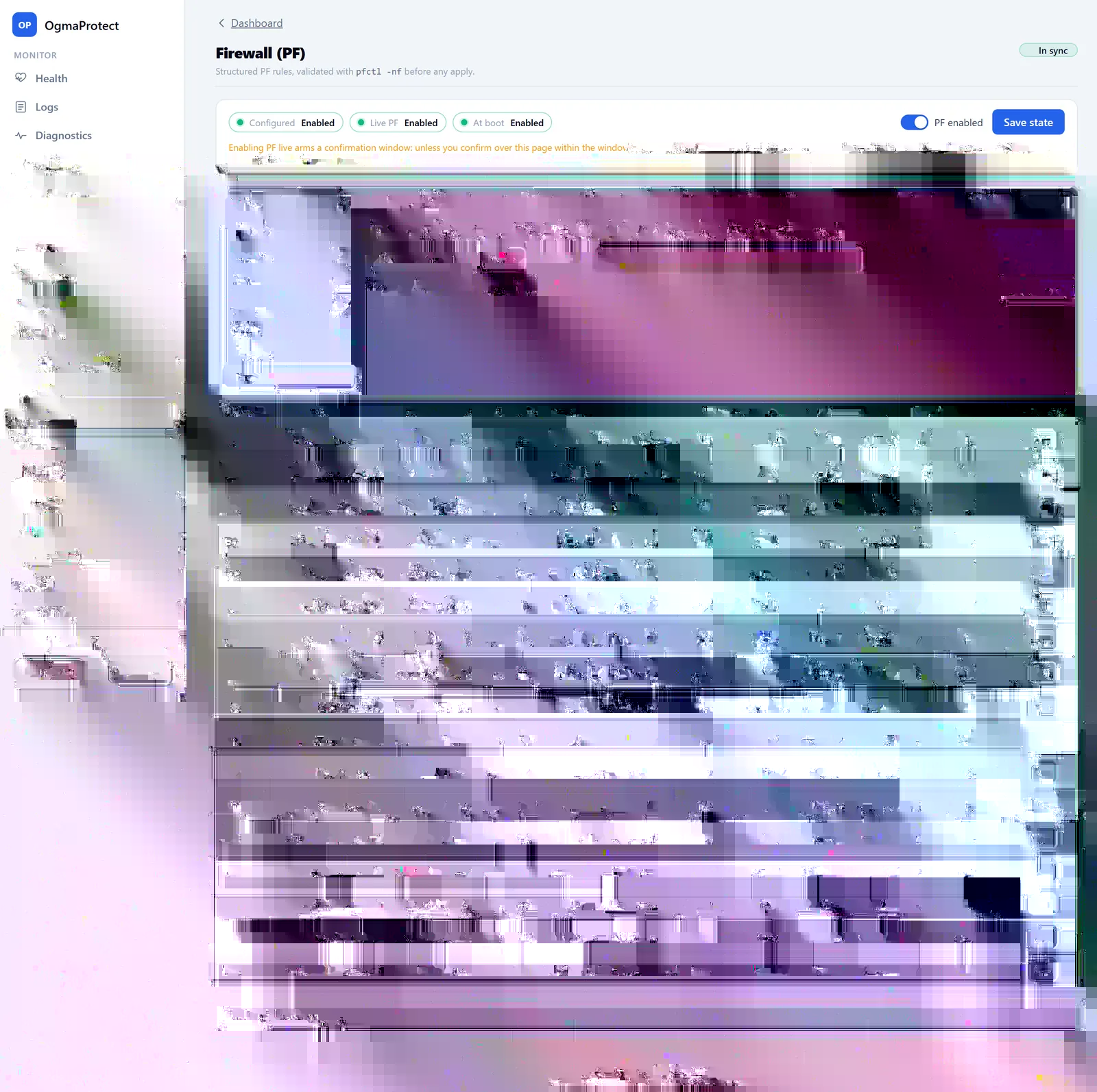 The live firewall state and source browser, listing active connections with protocol, source and destination, searchable, with the ability to kill individual states.
